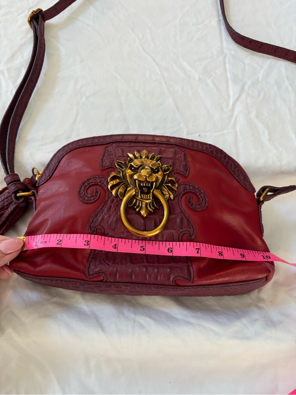 Sharif Burgundy Red Leather Crossbody Bag with Gold Lion Ring Vintage - Picture 6 of 8
